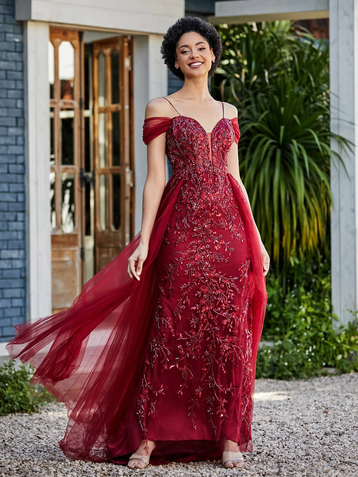 Lace Up Back Off Shoulder Tulle Gown Burgundy