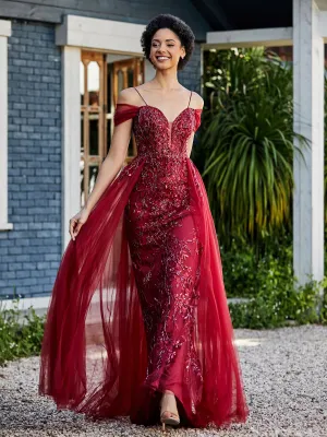 Lace Up Back Off Shoulder Tulle Gown Burgundy