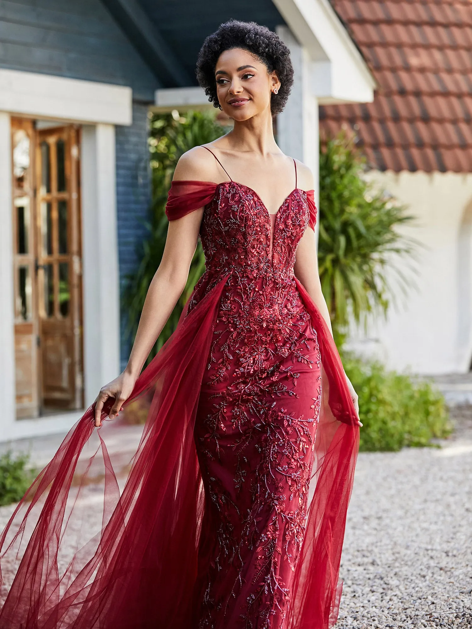 Lace Up Back Off Shoulder Tulle Gown Burgundy