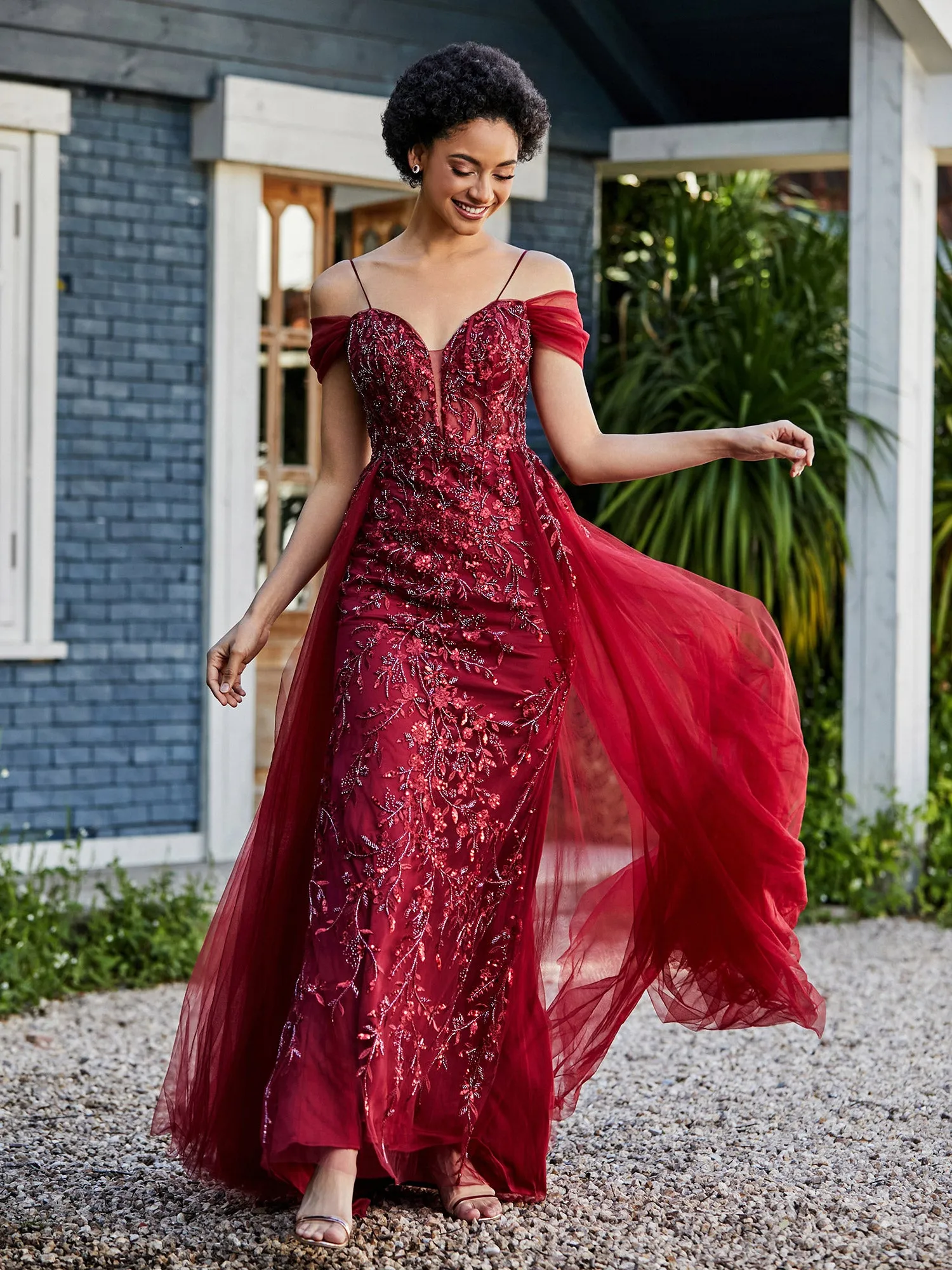 Lace Up Back Off Shoulder Tulle Gown Burgundy