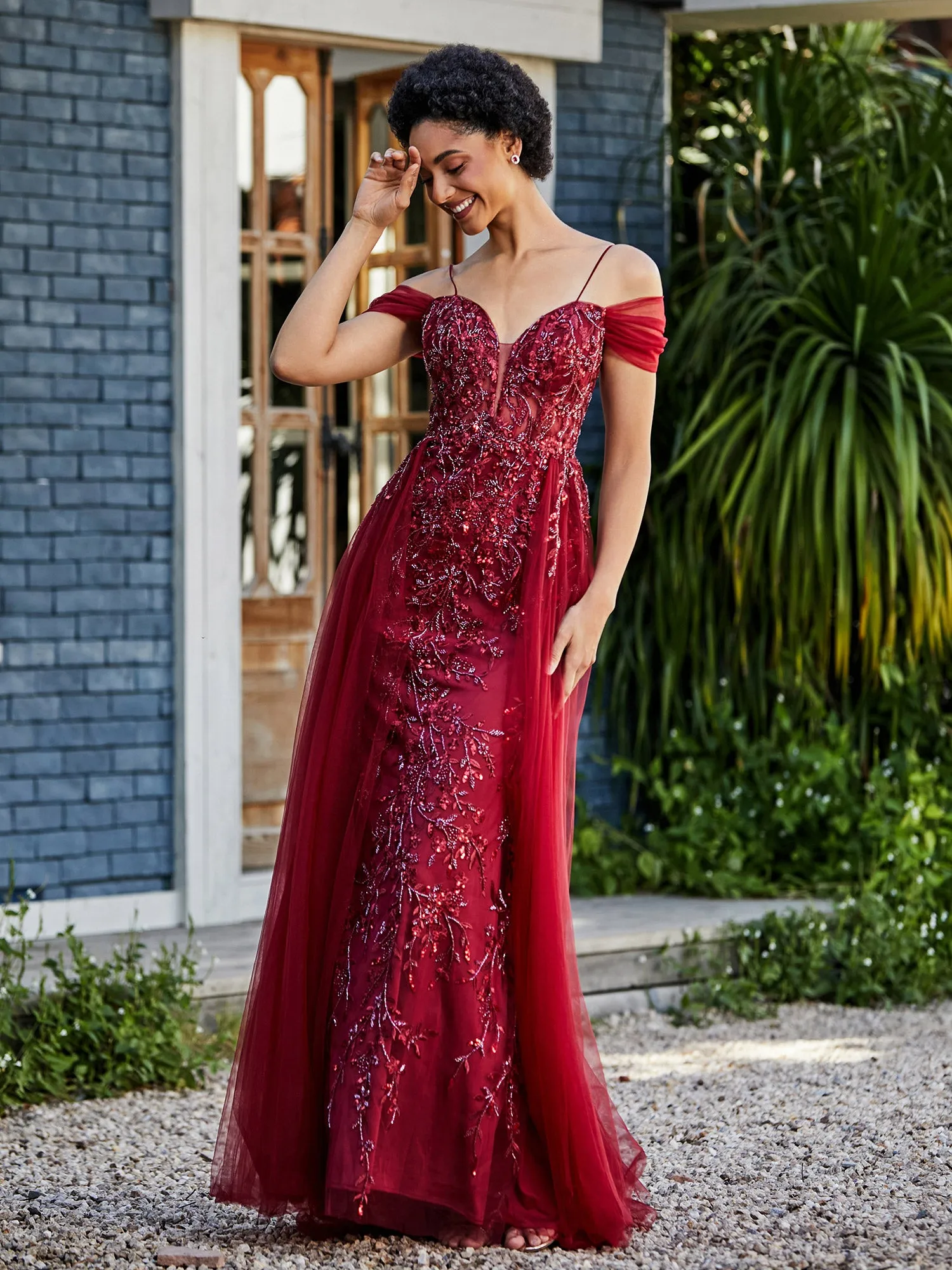 Lace Up Back Off Shoulder Tulle Gown Burgundy