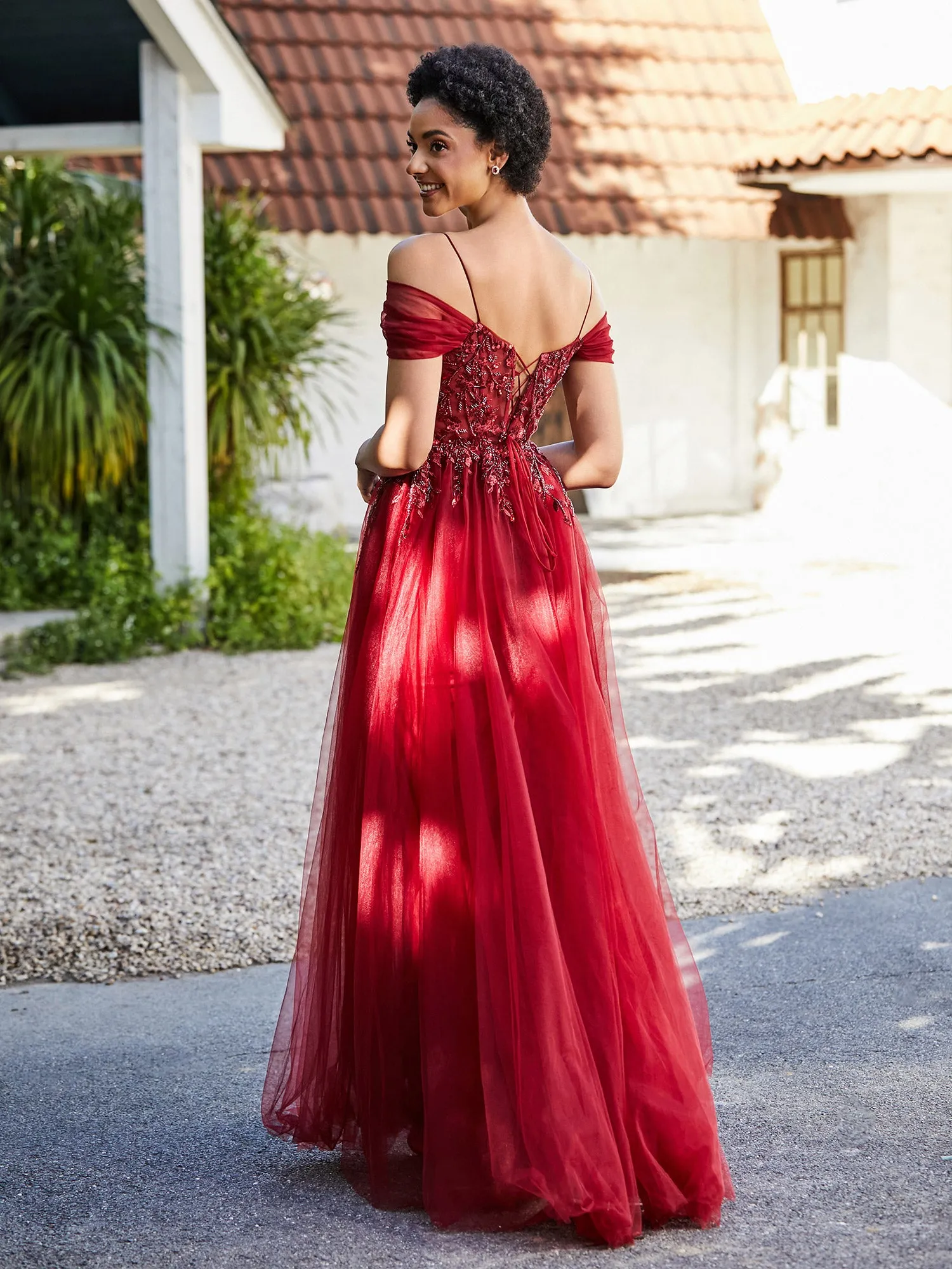 Lace Up Back Off Shoulder Tulle Gown Burgundy