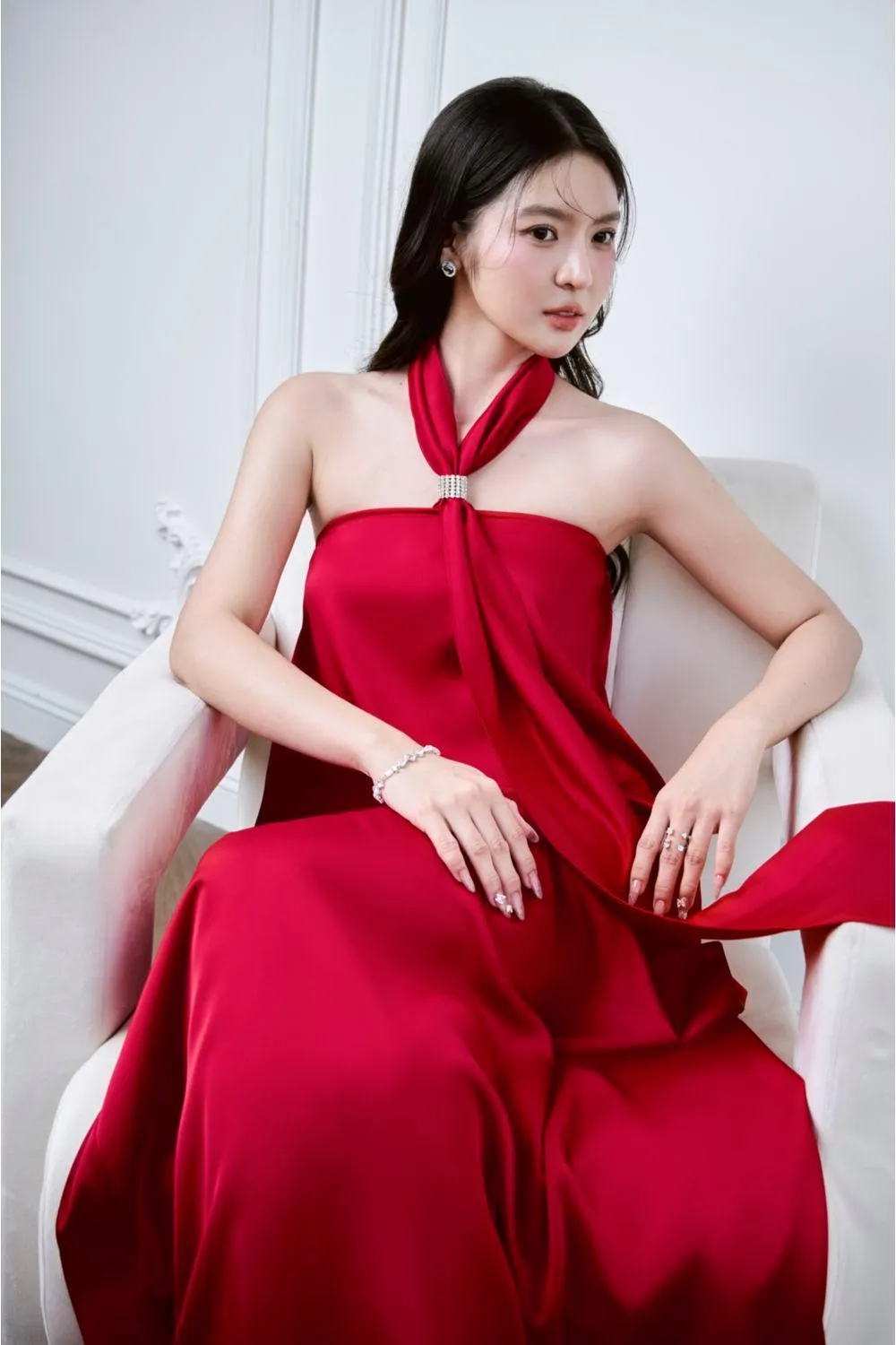 Lalani Halter Tie Neck Mulberry Silk Floor Length Dress