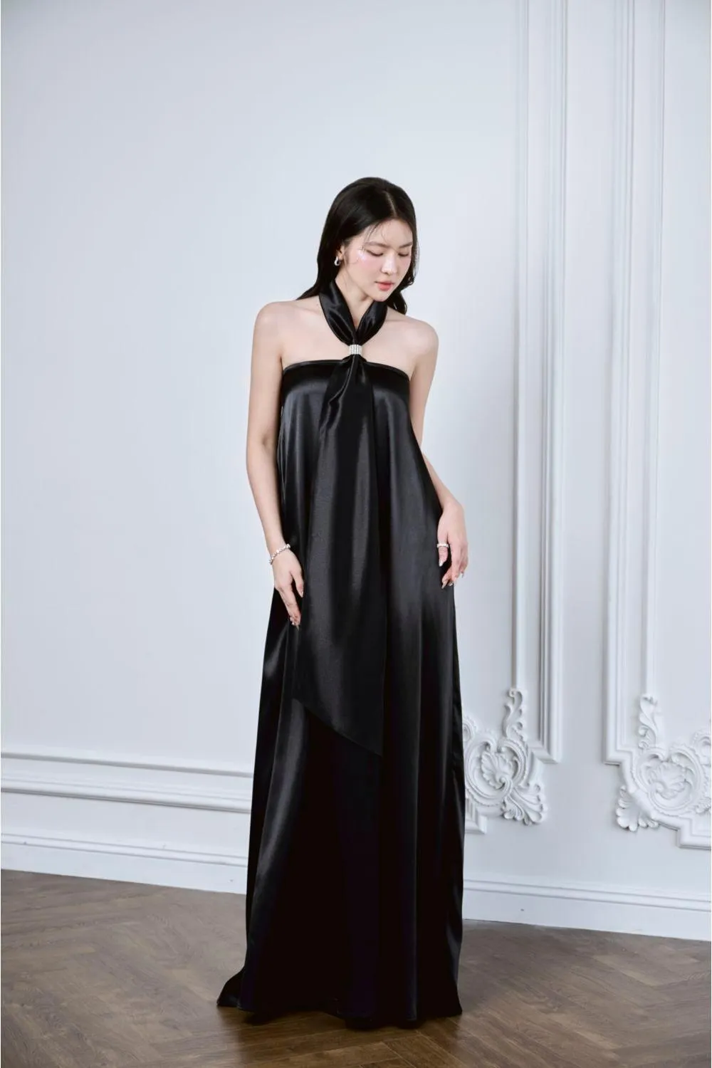 Lalani Halter Tie Neck Mulberry Silk Floor Length Dress