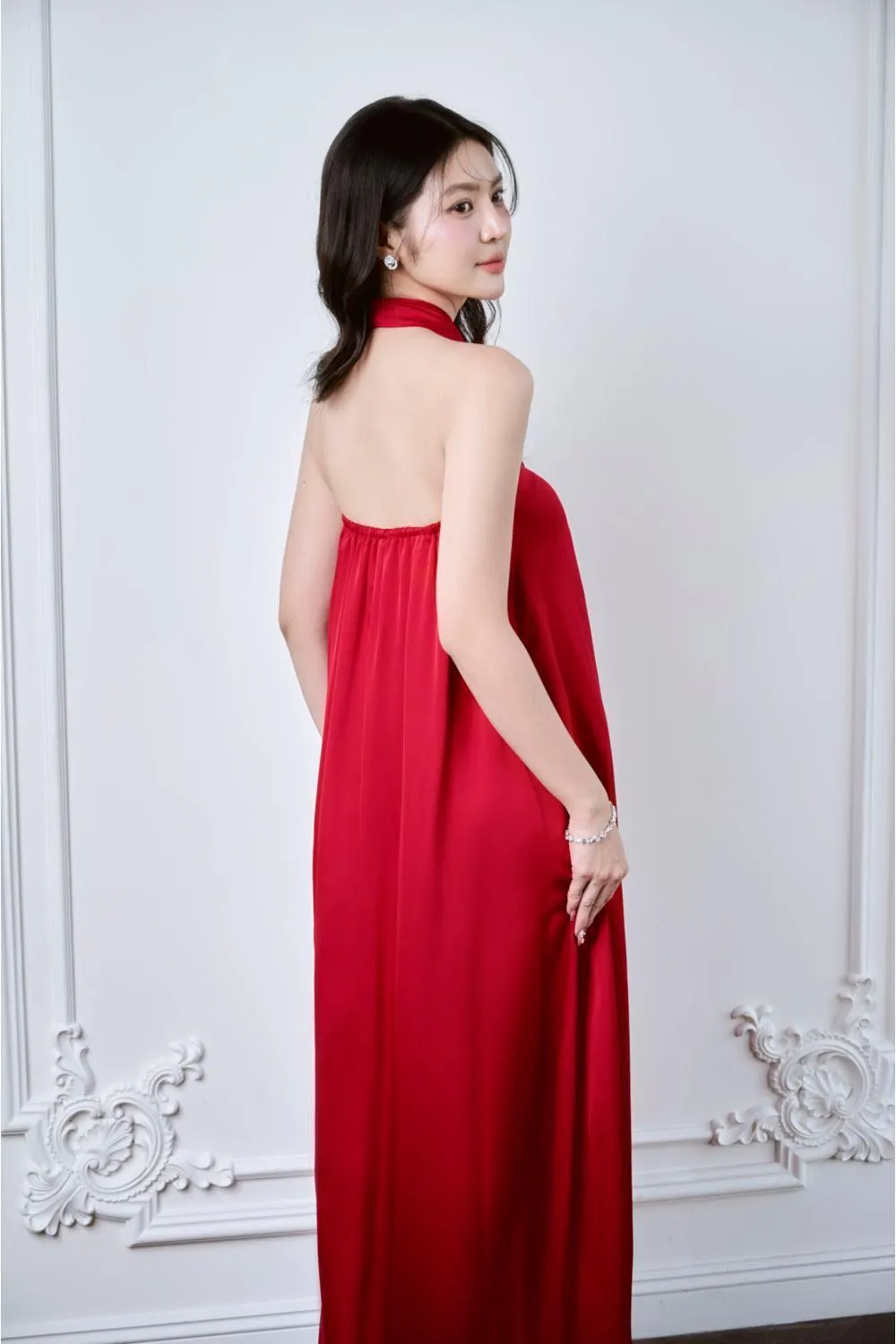 Lalani Halter Tie Neck Mulberry Silk Floor Length Dress