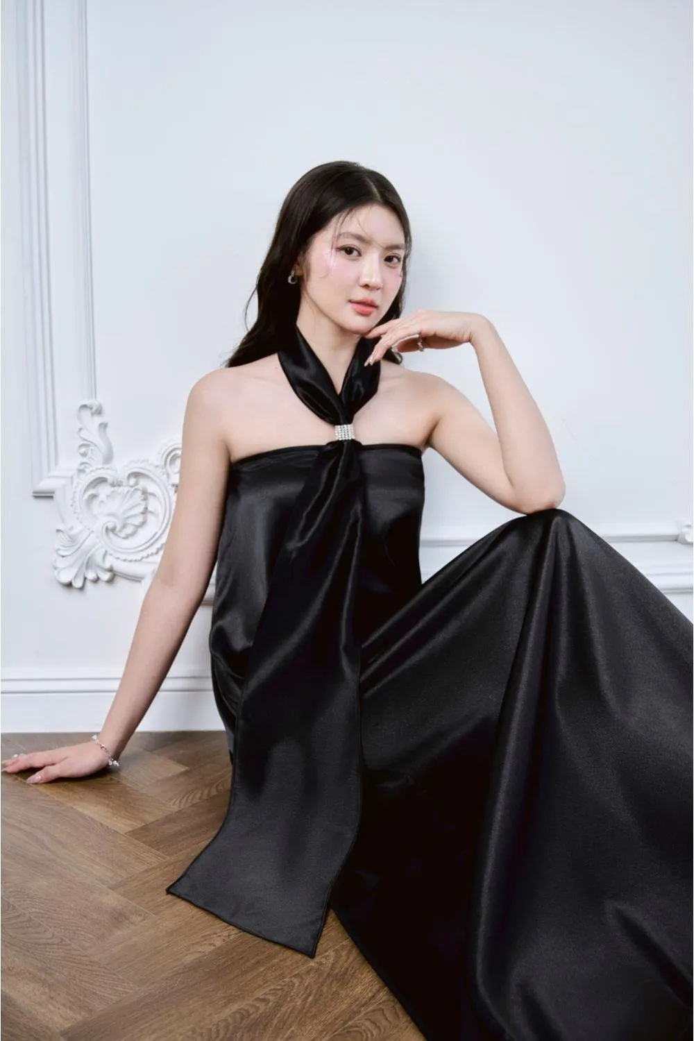 Lalani Halter Tie Neck Mulberry Silk Floor Length Dress