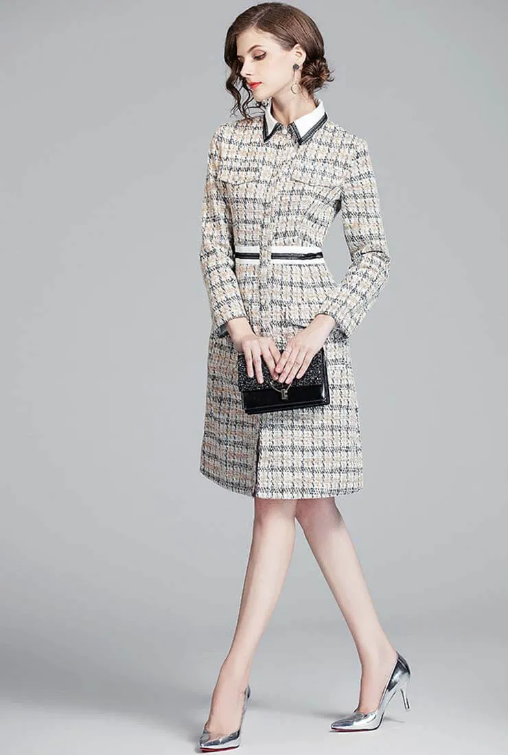 Lapel Collar High Waist Tweed Plaid Shirt Dress