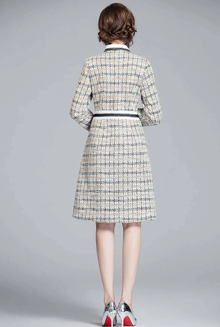 Lapel Collar High Waist Tweed Plaid Shirt Dress
