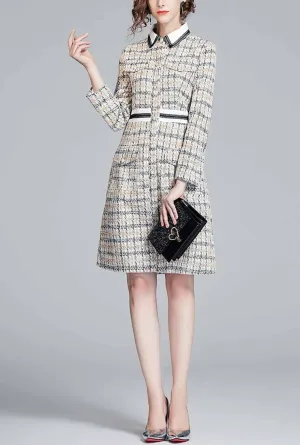 Lapel Collar High Waist Tweed Plaid Shirt Dress