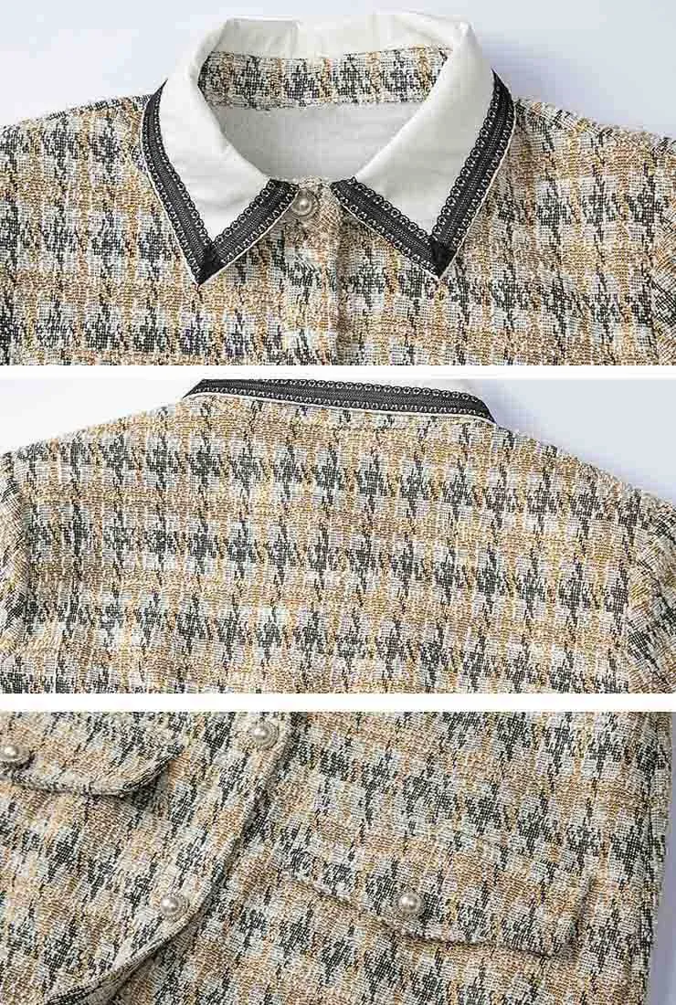 Lapel Collar High Waist Tweed Plaid Shirt Dress