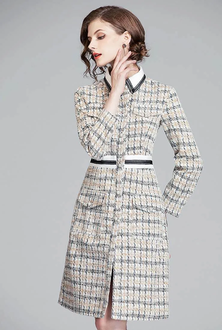 Lapel Collar High Waist Tweed Plaid Shirt Dress