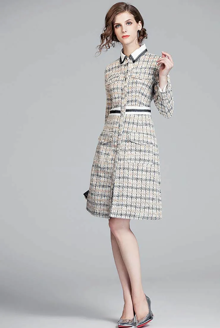 Lapel Collar High Waist Tweed Plaid Shirt Dress