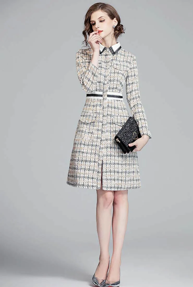 Lapel Collar High Waist Tweed Plaid Shirt Dress