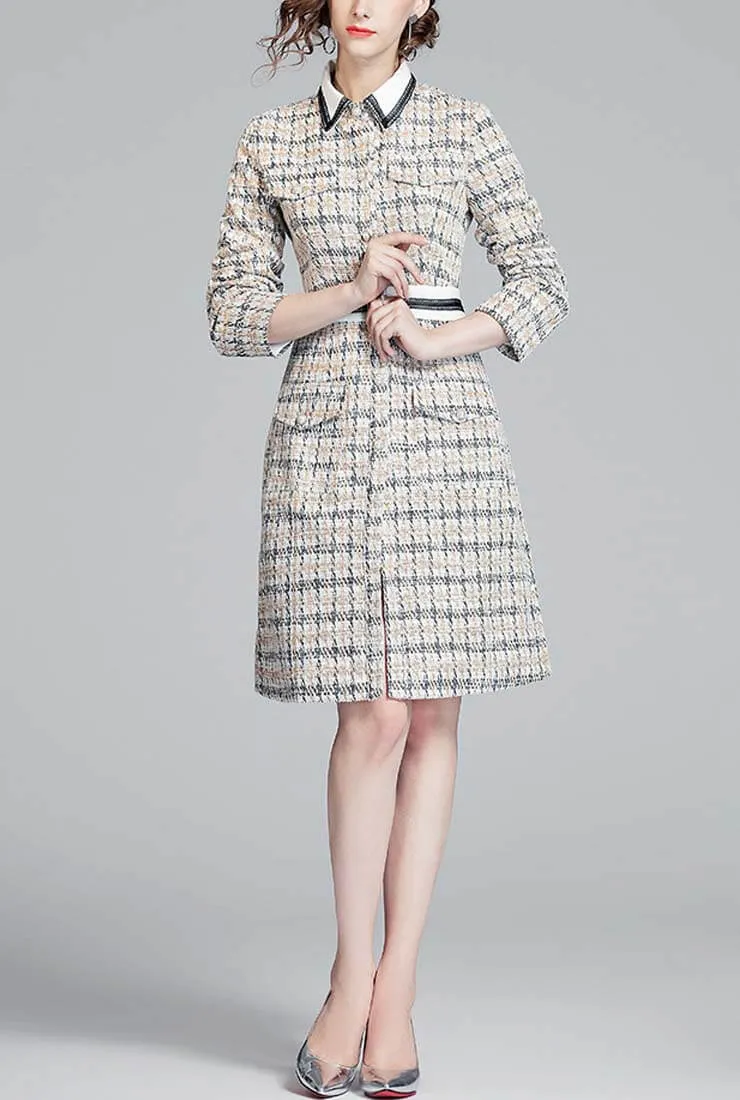 Lapel Collar High Waist Tweed Plaid Shirt Dress
