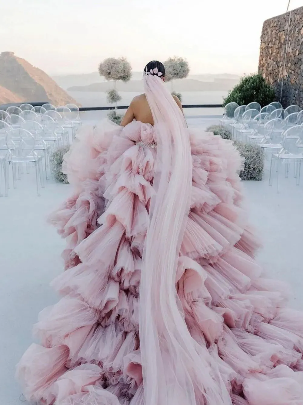 Layers Tulle Ball Gown Wedding Dress Drama Pink Wedding Dress WD1919