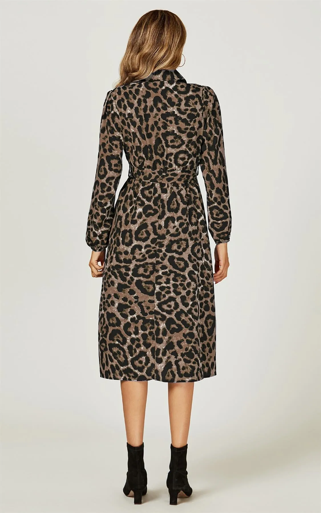 Leopard Print Split Leg Midi Shirt Dress In Brown