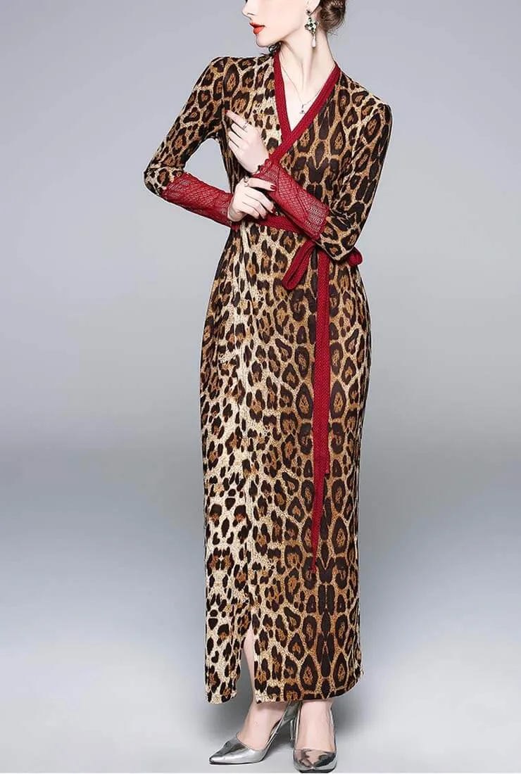 Leopard V-neck Sexy Maxi Wrap Dress