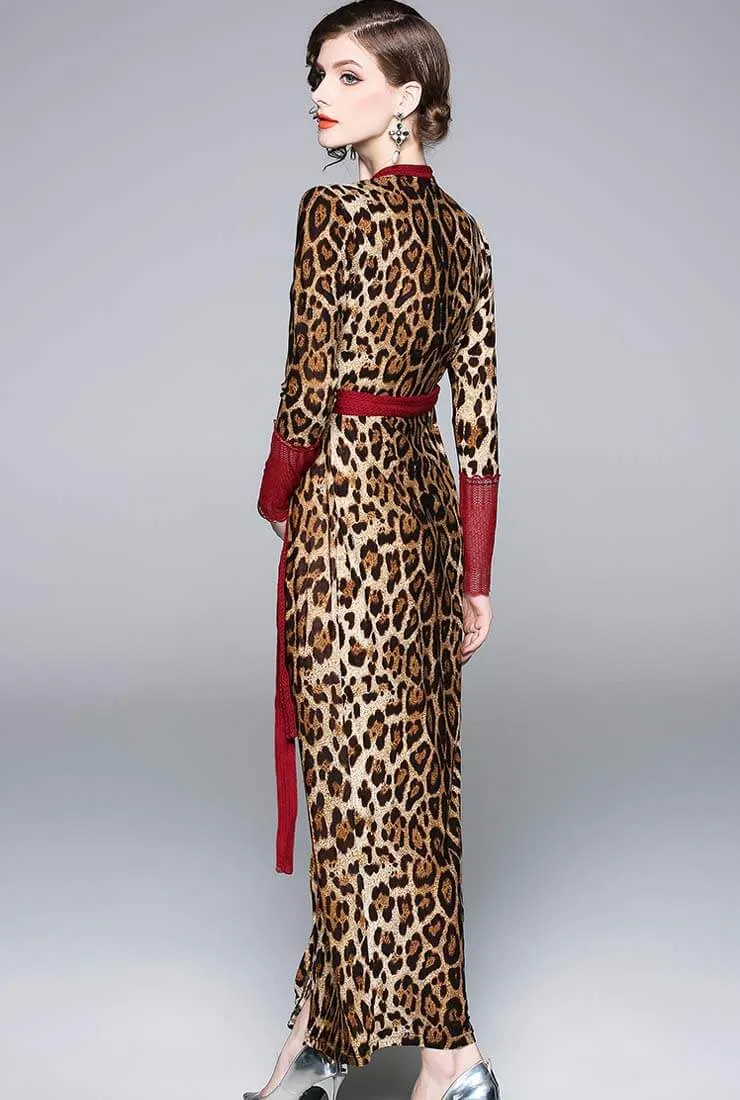Leopard V-neck Sexy Maxi Wrap Dress