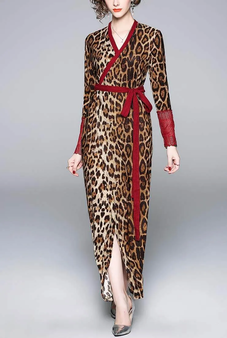 Leopard V-neck Sexy Maxi Wrap Dress