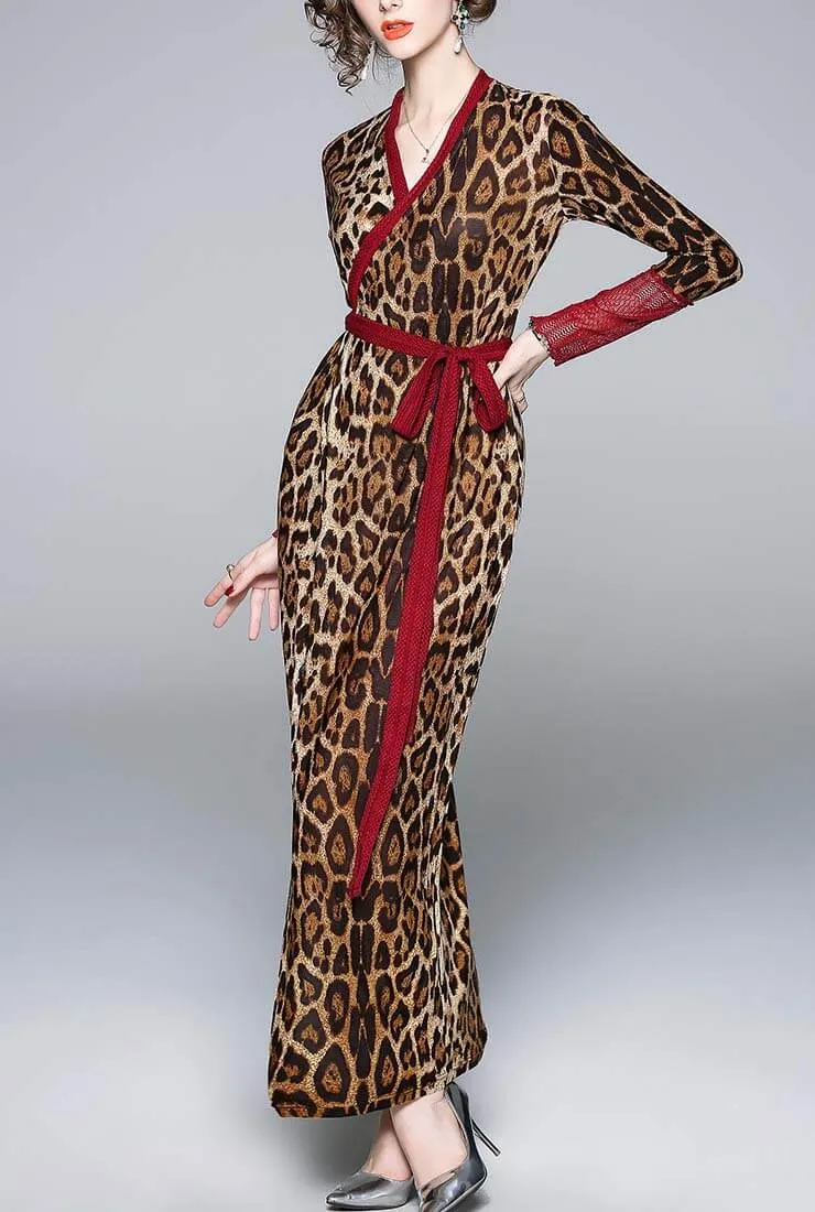 Leopard V-neck Sexy Maxi Wrap Dress