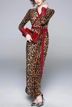 Leopard V-neck Sexy Maxi Wrap Dress