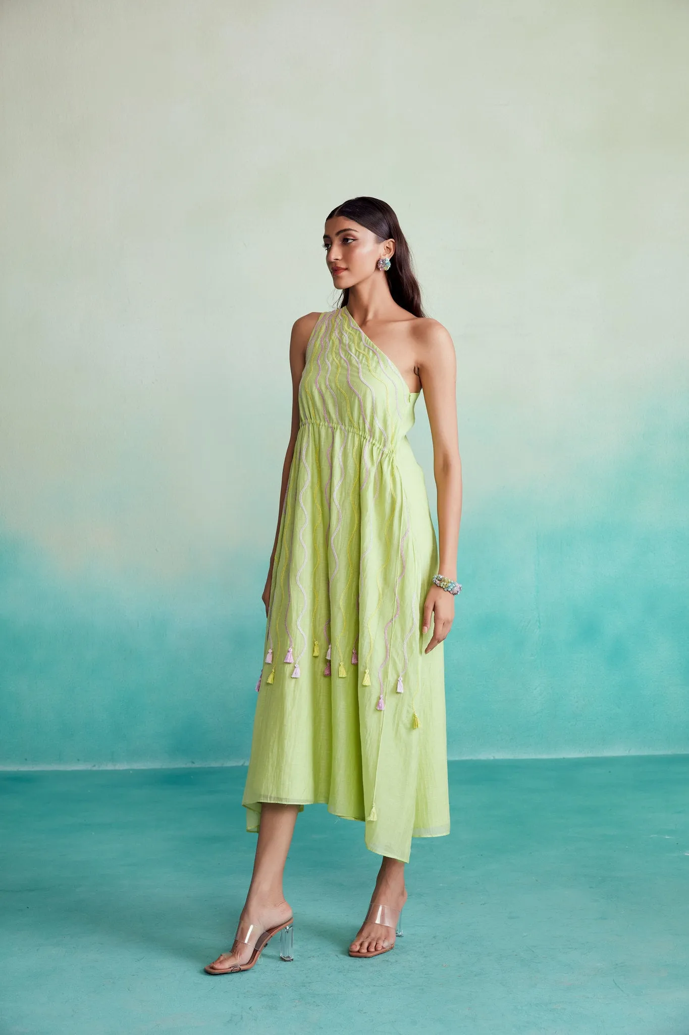 Lime Hand embroidered one shoulder Dress