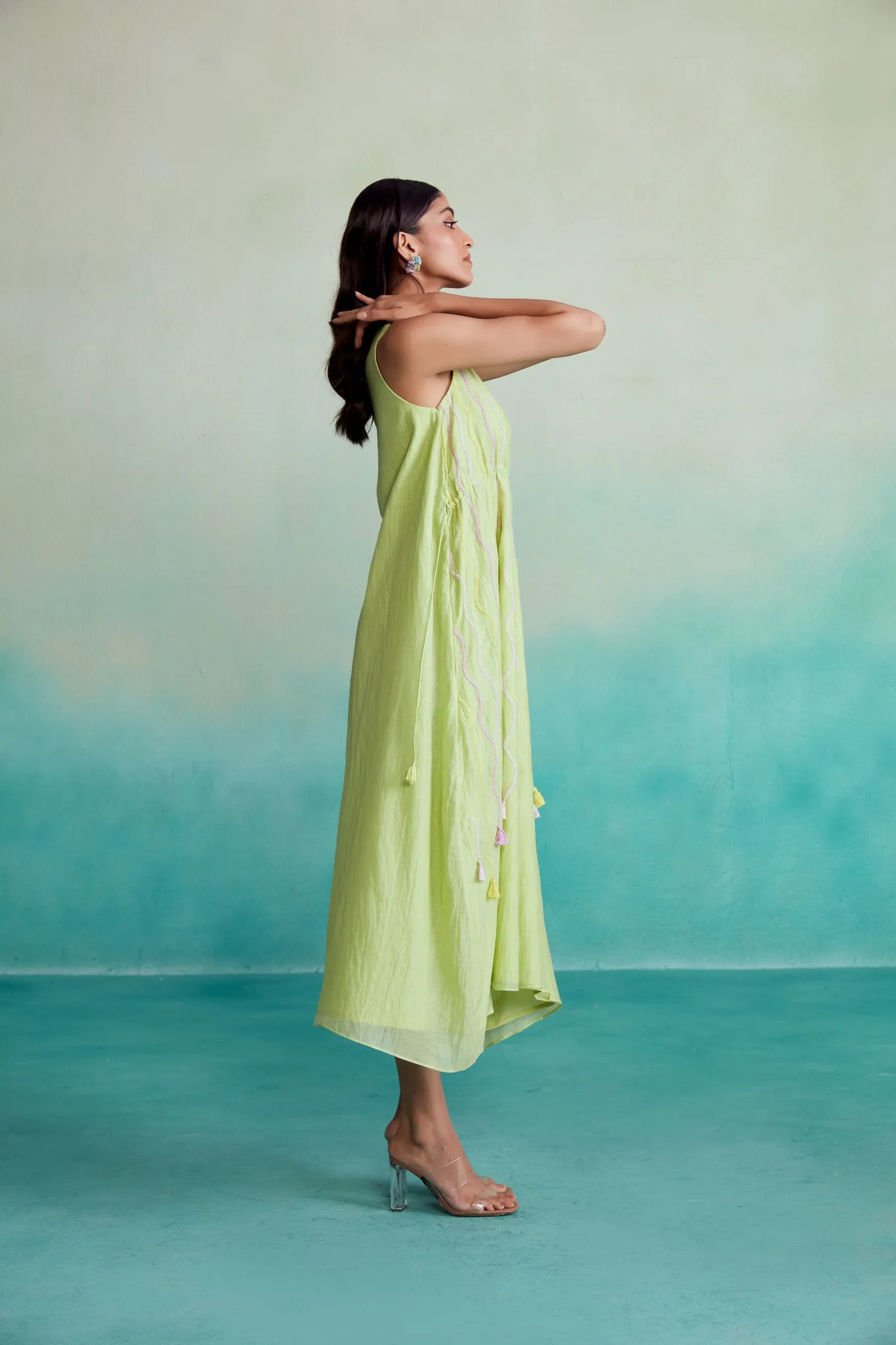 Lime Hand embroidered one shoulder Dress