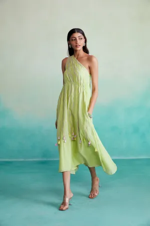 Lime Hand embroidered one shoulder Dress