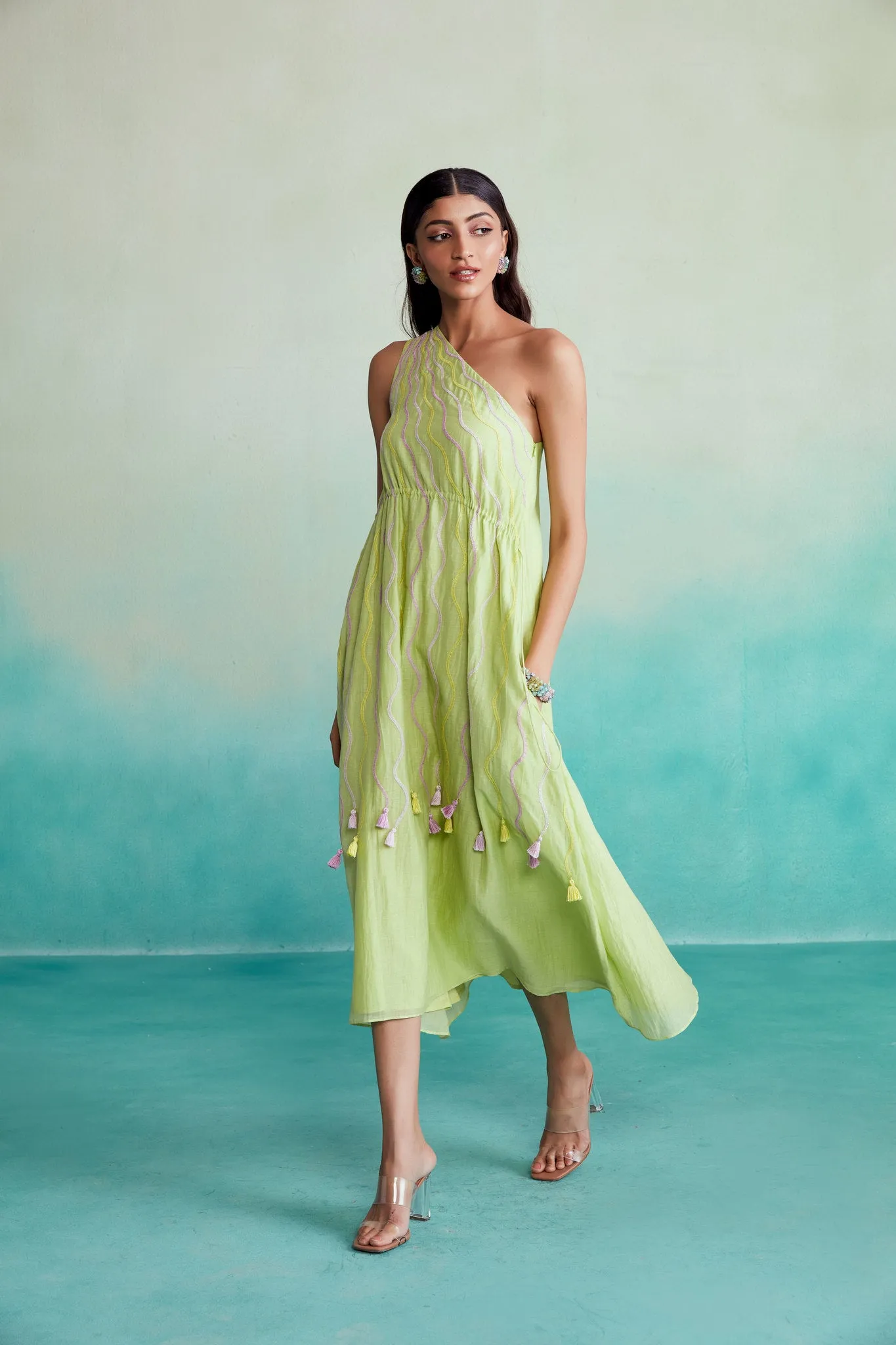 Lime Hand embroidered one shoulder Dress