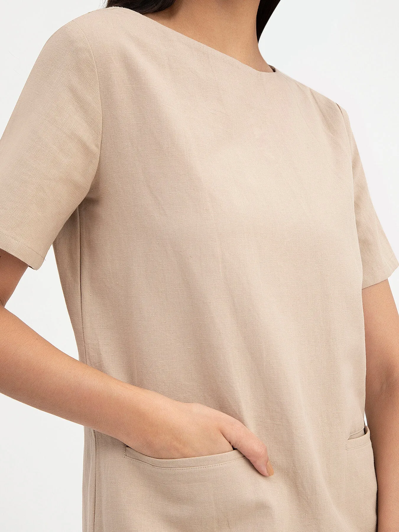 Linen Boat Neck Dress - Beige