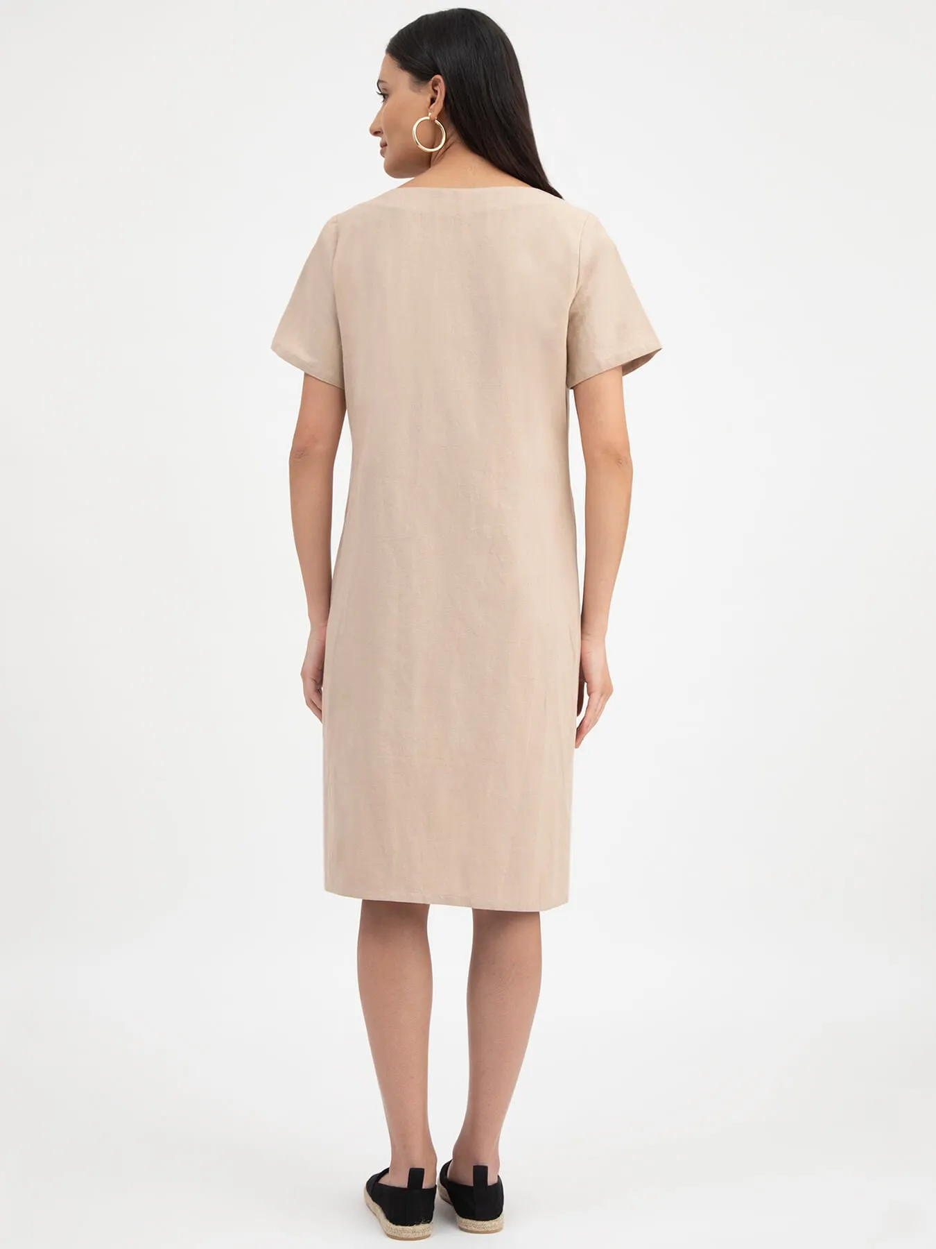 Linen Boat Neck Dress - Beige