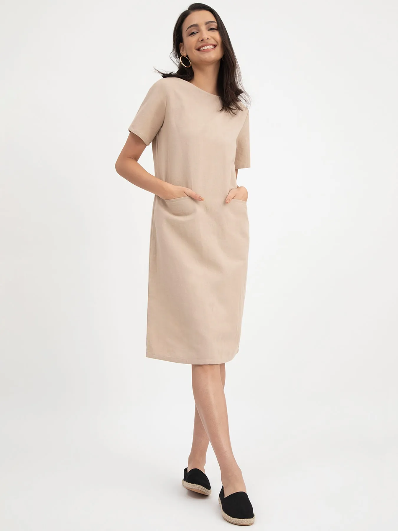 Linen Boat Neck Dress - Beige