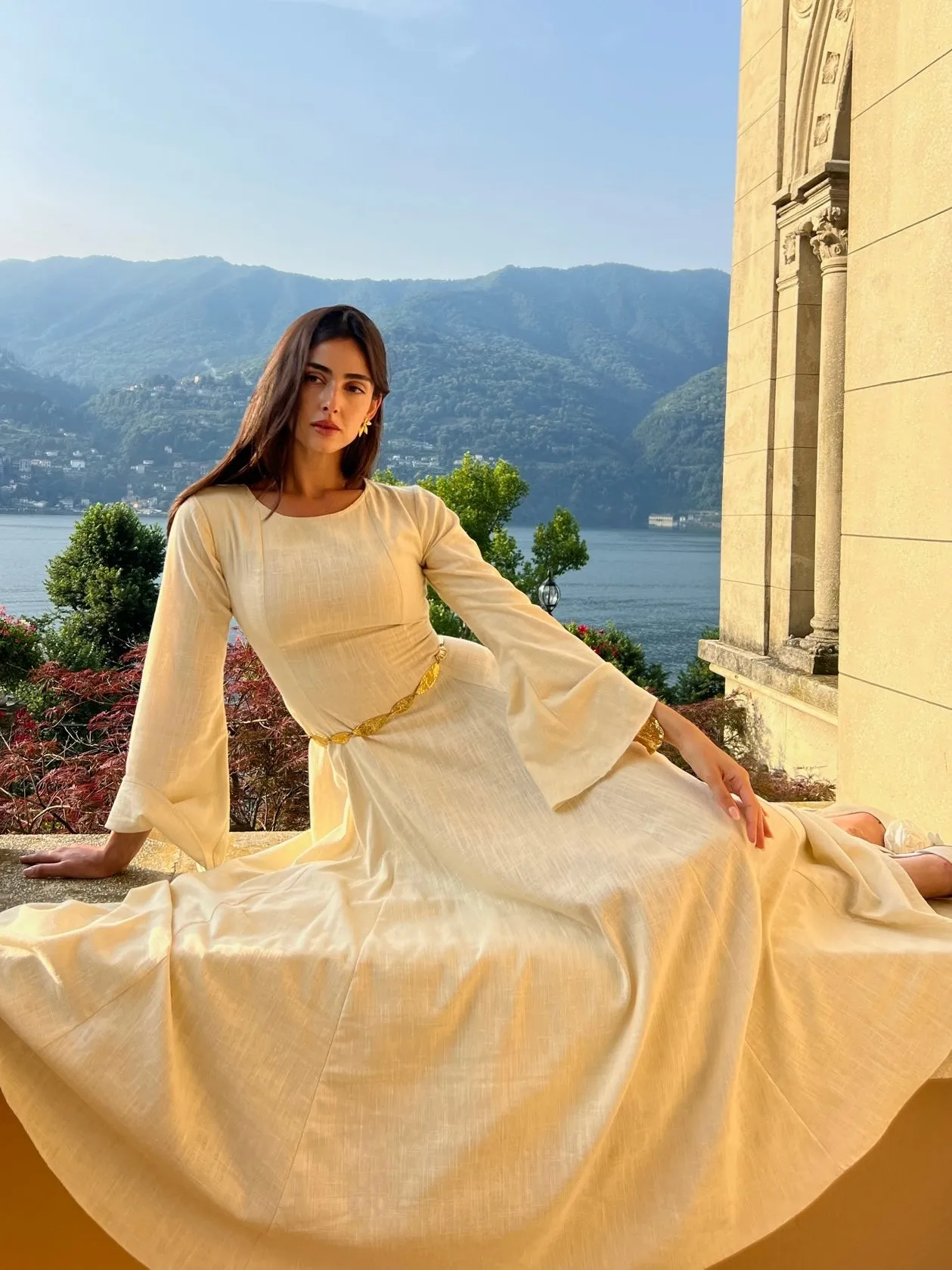 Linen Lace-Up Dress in Lemon