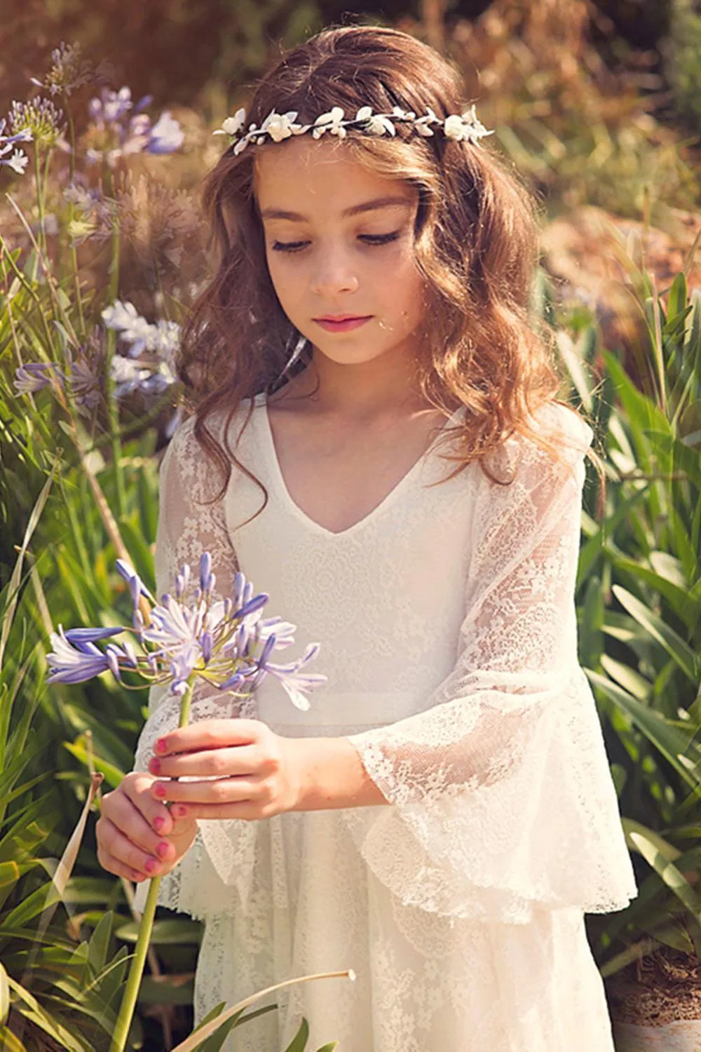 Long A-line Appliques Lace V-neck Flower Girl Dress with Sleeves