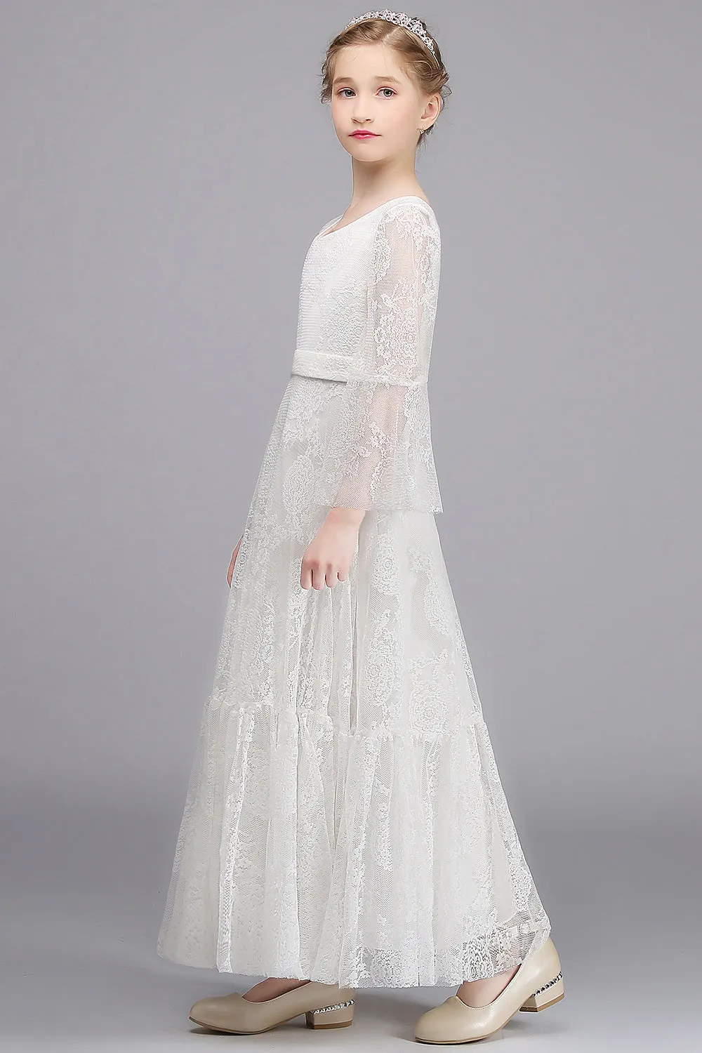 Long A-line Appliques Lace V-neck Flower Girl Dress with Sleeves