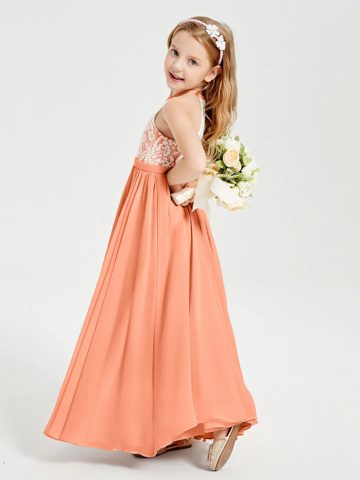Long Chiffon Bridesmaid Dresses Lace Top Papaya
