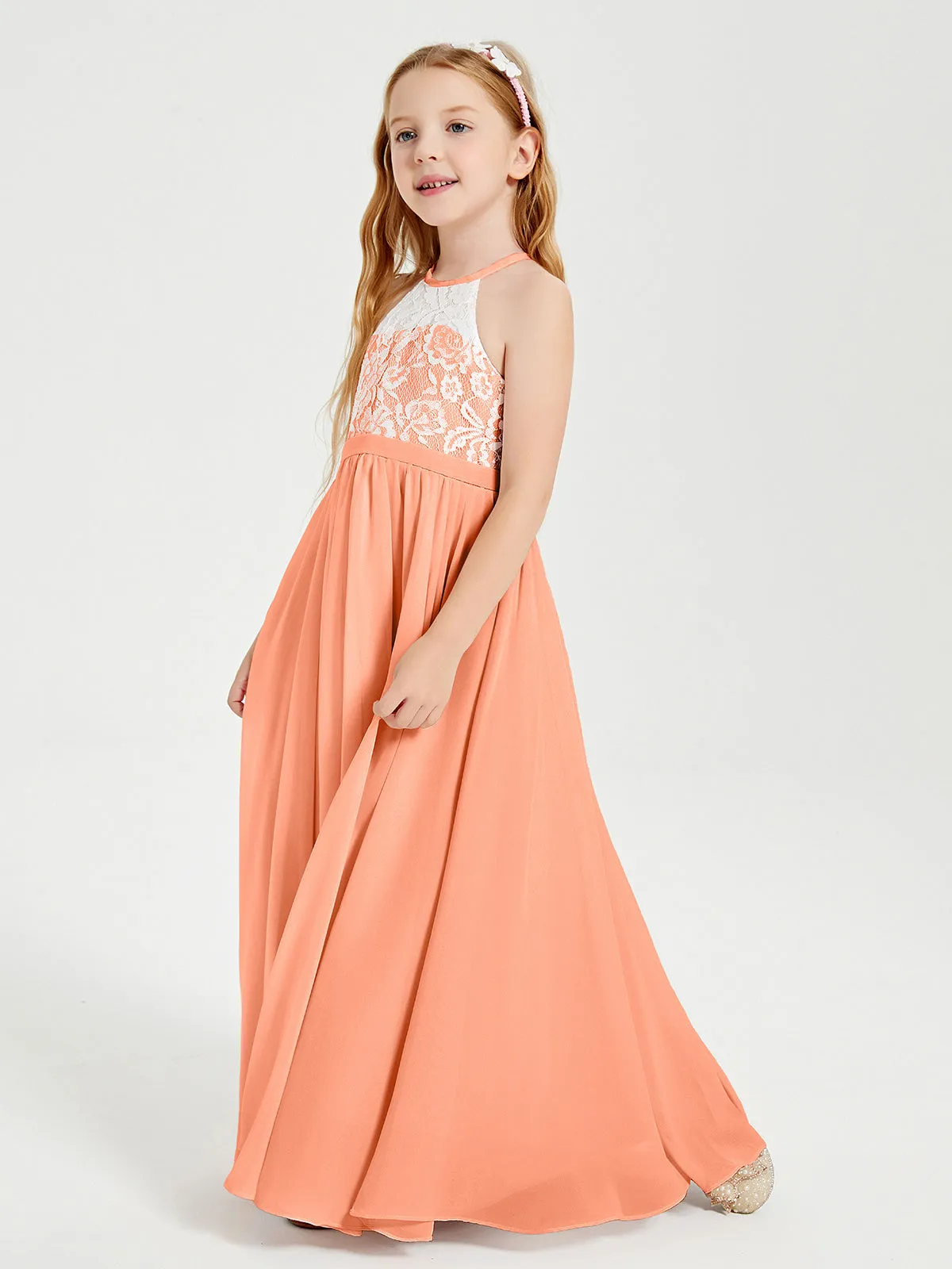 Long Chiffon Bridesmaid Dresses Lace Top Papaya