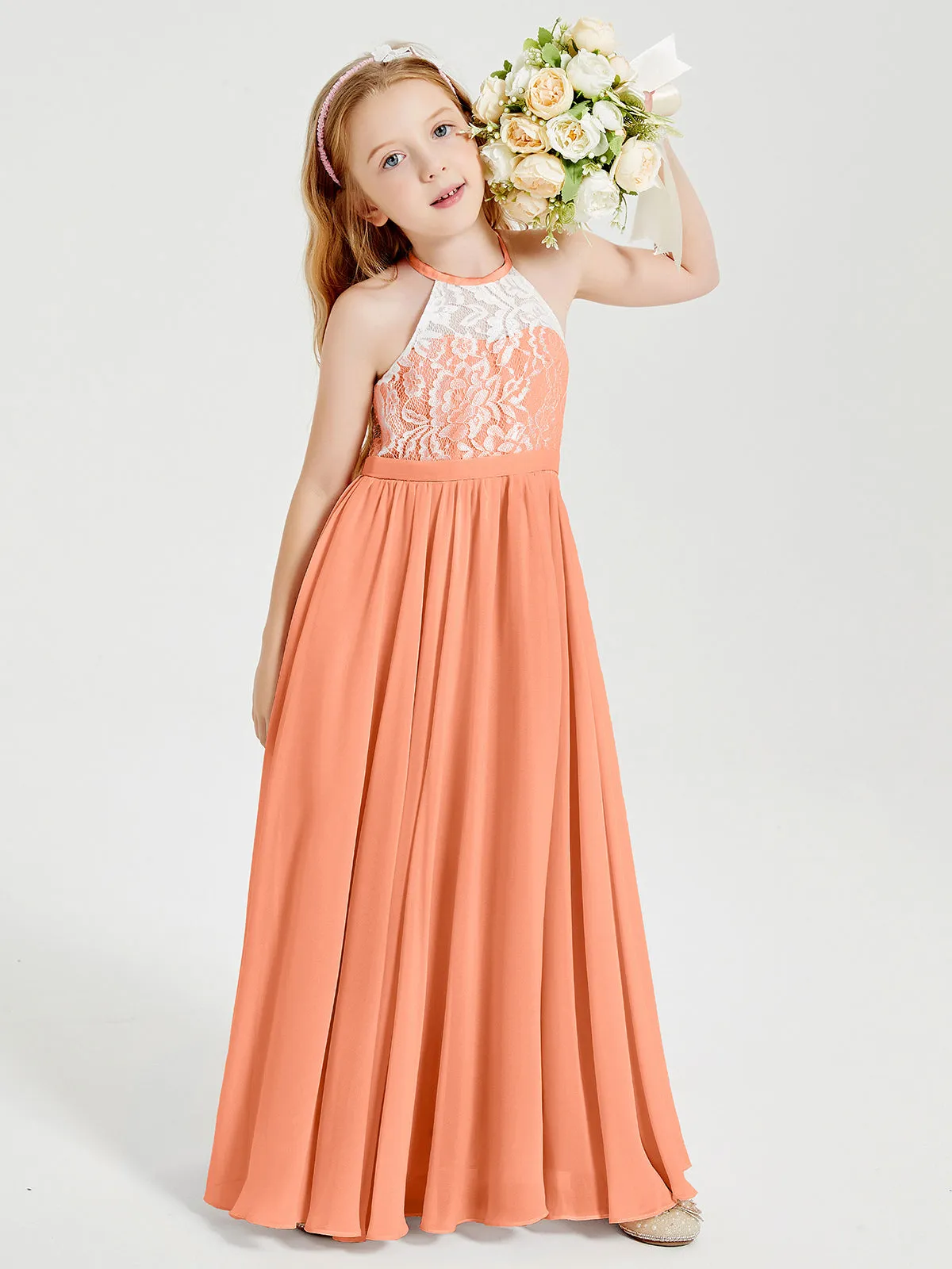 Long Chiffon Bridesmaid Dresses Lace Top Papaya