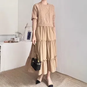 Loose Long-sleeved Cable Knit Split-joint A-line Dress