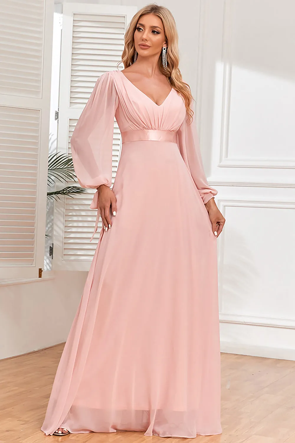 Luolandi A-Line Chiffon V-Neck Evening Dress with Long Sleeves Party Dresses