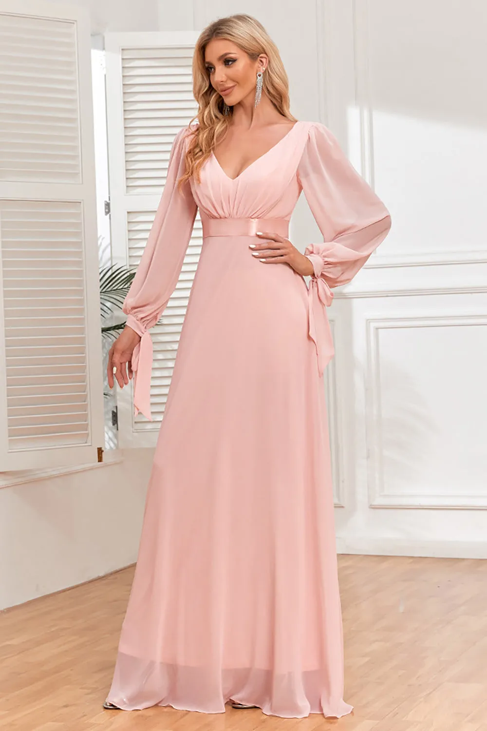 Luolandi A-Line Chiffon V-Neck Evening Dress with Long Sleeves Party Dresses