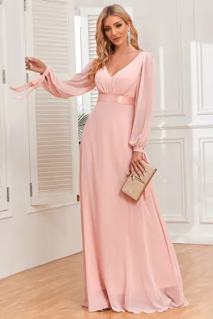 Luolandi A-Line Chiffon V-Neck Evening Dress with Long Sleeves Party Dresses