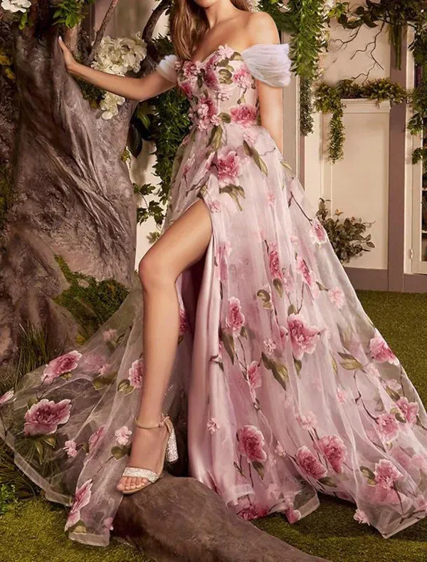 Luolandi A-Line Prom Dresses Floral Dress Formal Wedding Guest Sweep / Brush Train Sleeveless Off Shoulder Lace with Floral Print Beautiful