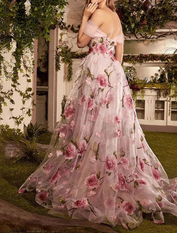Luolandi A-Line Prom Dresses Floral Dress Formal Wedding Guest Sweep / Brush Train Sleeveless Off Shoulder Lace with Floral Print Beautiful