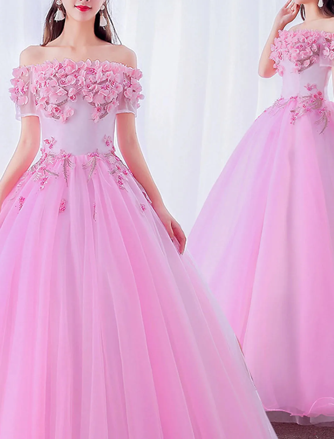 Luolandi Ball Gown Prom Dresses Floral Dress Quinceanera Prom Floor Length Short Sleeve Off Shoulder Polyester with Appliques Pure Color Beautiful Flowers