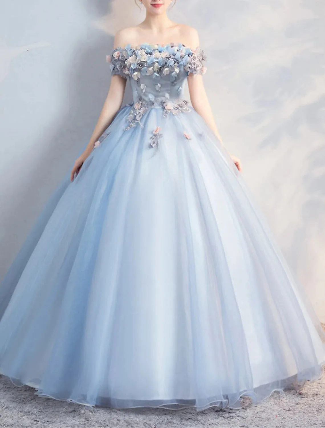 Luolandi Ball Gown Prom Dresses Floral Dress Quinceanera Prom Floor Length Short Sleeve Off Shoulder Polyester with Appliques Pure Color Beautiful Flowers