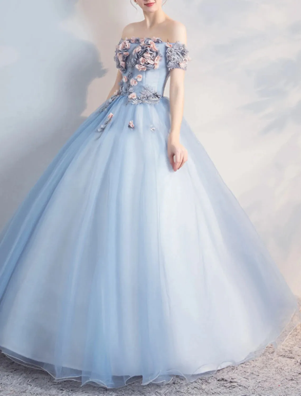 Luolandi Ball Gown Prom Dresses Floral Dress Quinceanera Prom Floor Length Short Sleeve Off Shoulder Polyester with Appliques Pure Color Beautiful Flowers