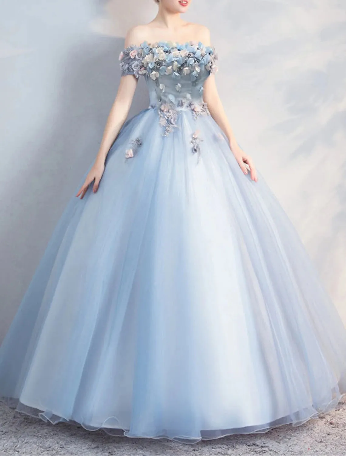 Luolandi Ball Gown Prom Dresses Floral Dress Quinceanera Prom Floor Length Short Sleeve Off Shoulder Polyester with Appliques Pure Color Beautiful Flowers