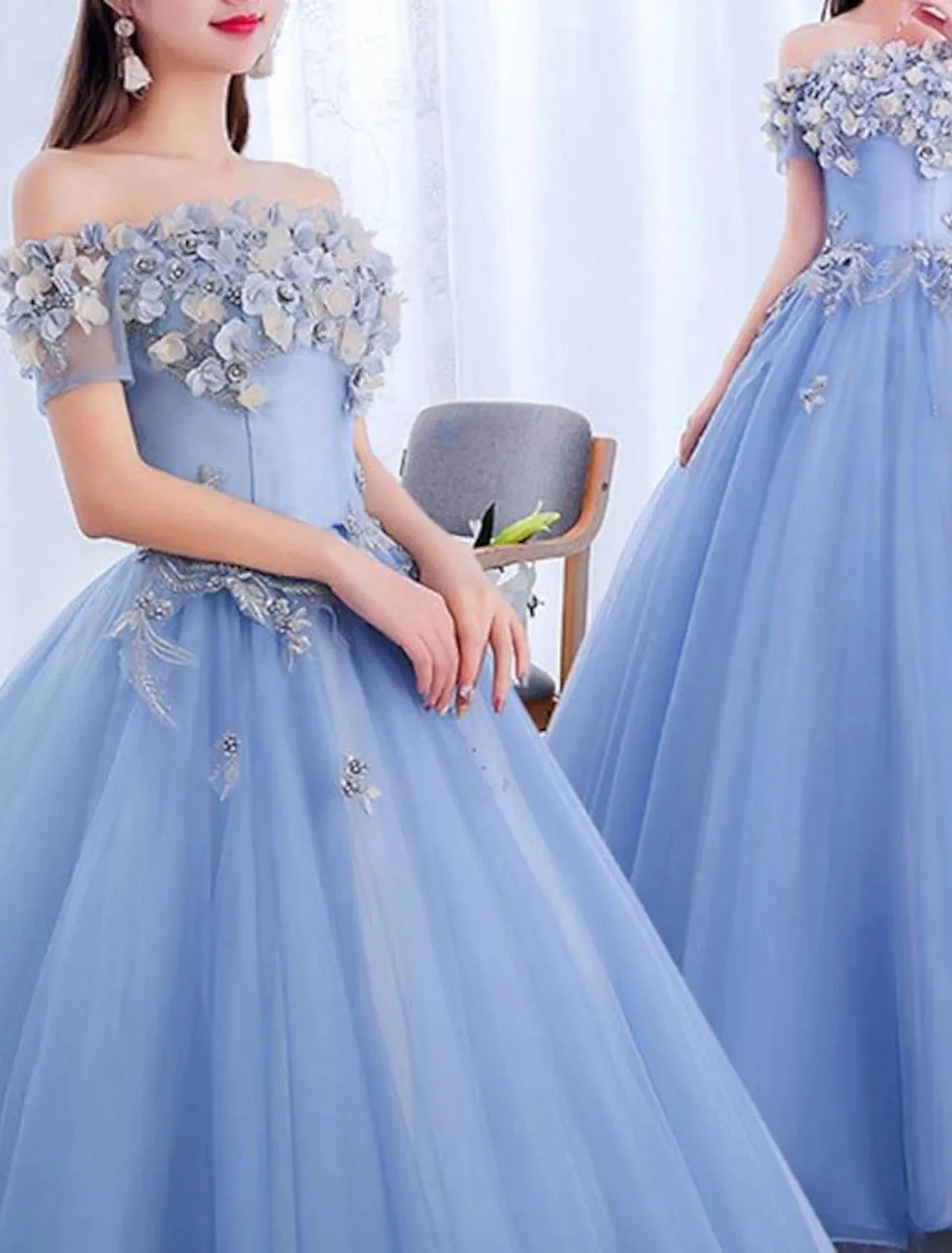 Luolandi Ball Gown Prom Dresses Floral Dress Quinceanera Prom Floor Length Short Sleeve Off Shoulder Polyester with Appliques Pure Color Beautiful Flowers