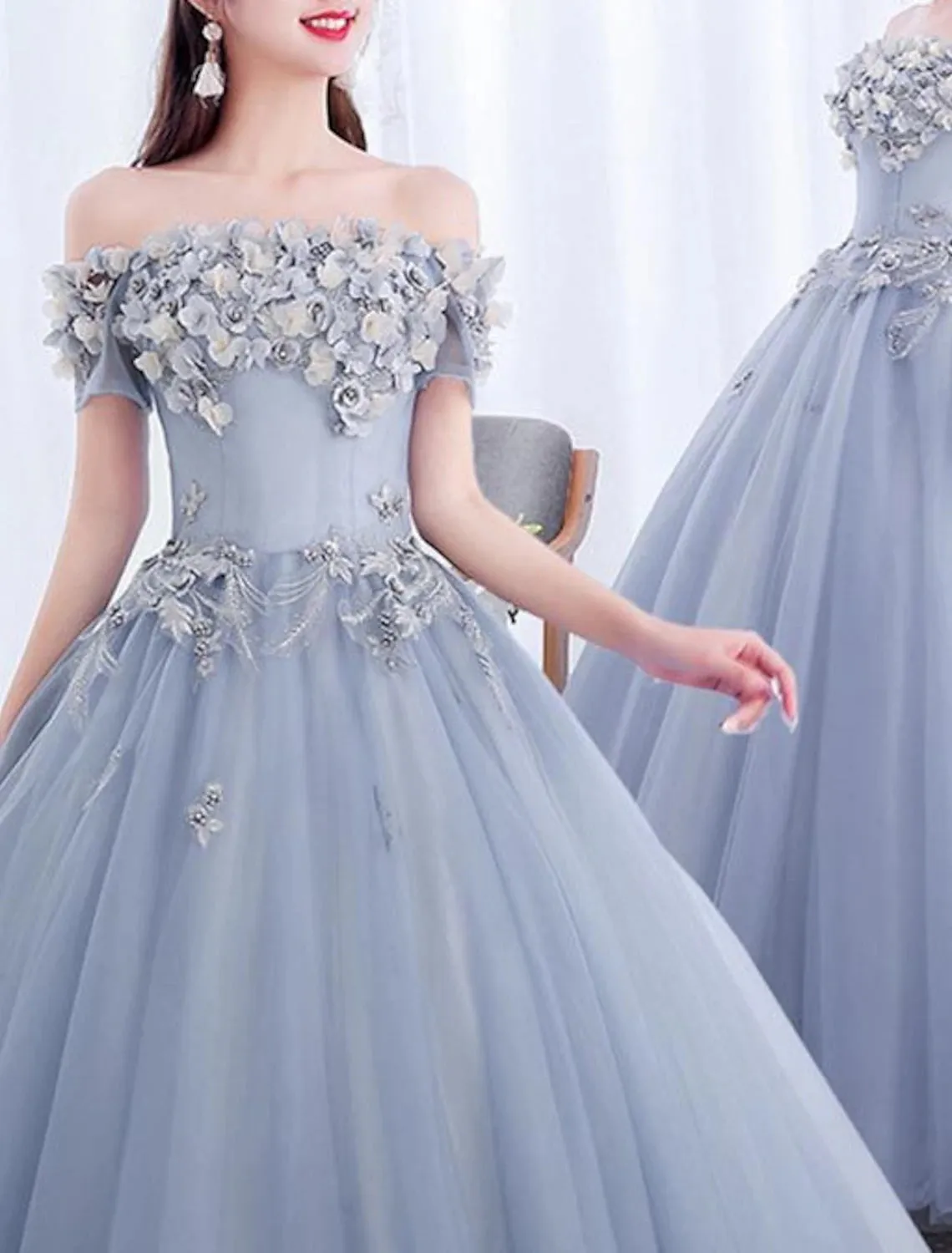 Luolandi Ball Gown Prom Dresses Floral Dress Quinceanera Prom Floor Length Short Sleeve Off Shoulder Polyester with Appliques Pure Color Beautiful Flowers